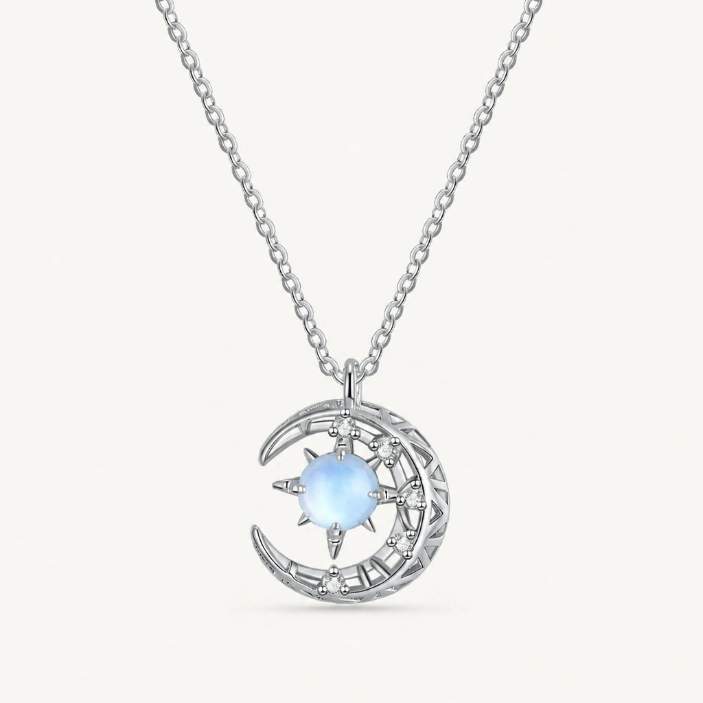 Mondstein Look Kette aus 925er Silber mit Mondsichel und Sternmotiv