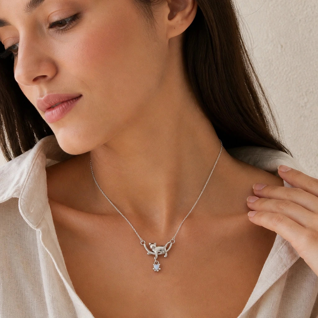 Mondstein Kette aus 925er Silber mit Katzenmotiv