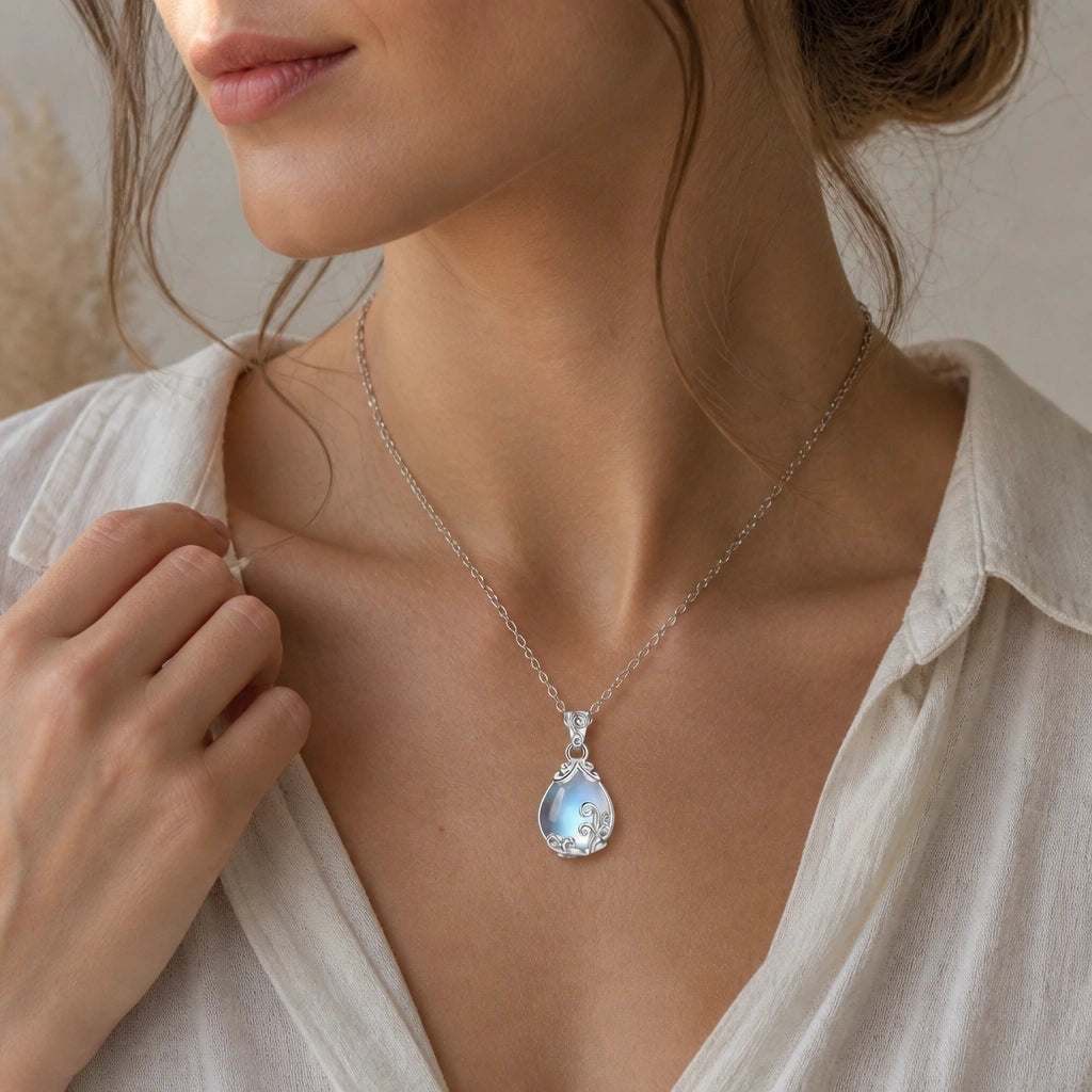 Mondstein Kette mit tropfenförmigem Anhänger und Ornamenten
