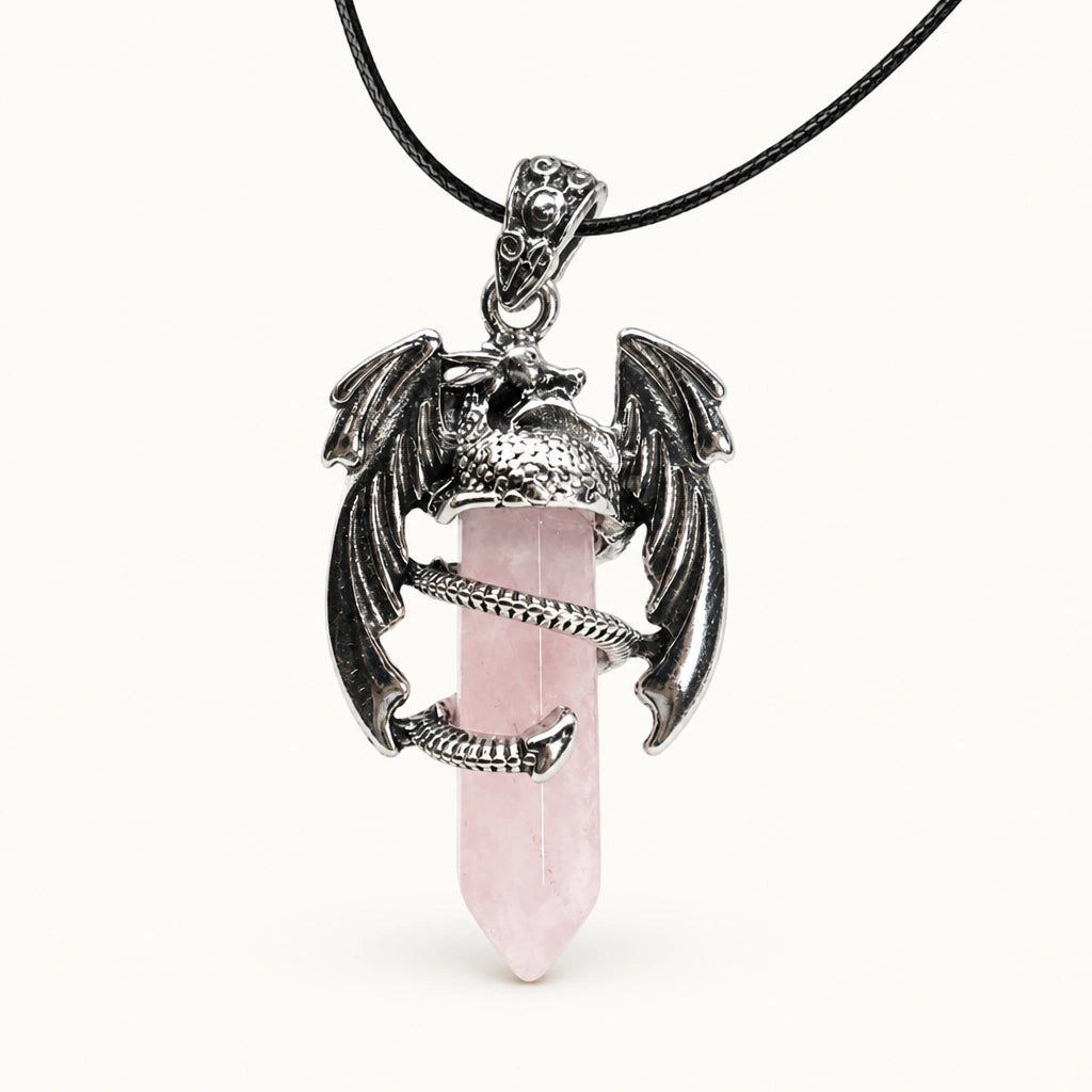 Rosenquarz Kette mit Drachen-Anhänger