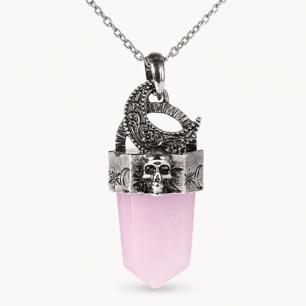 Rosenquarz Kette mit Totenkopf-Anhänger