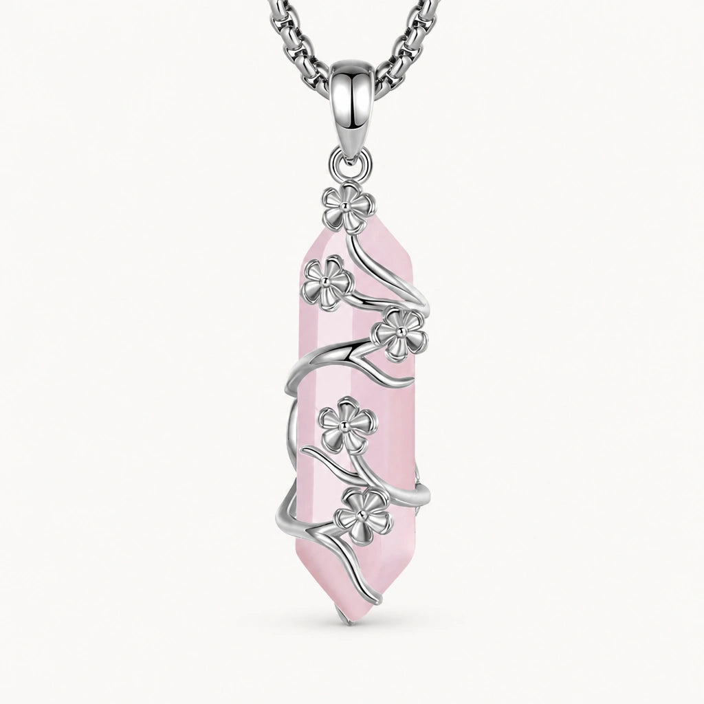 Rosenquarz Kette mit floralem Anhänger