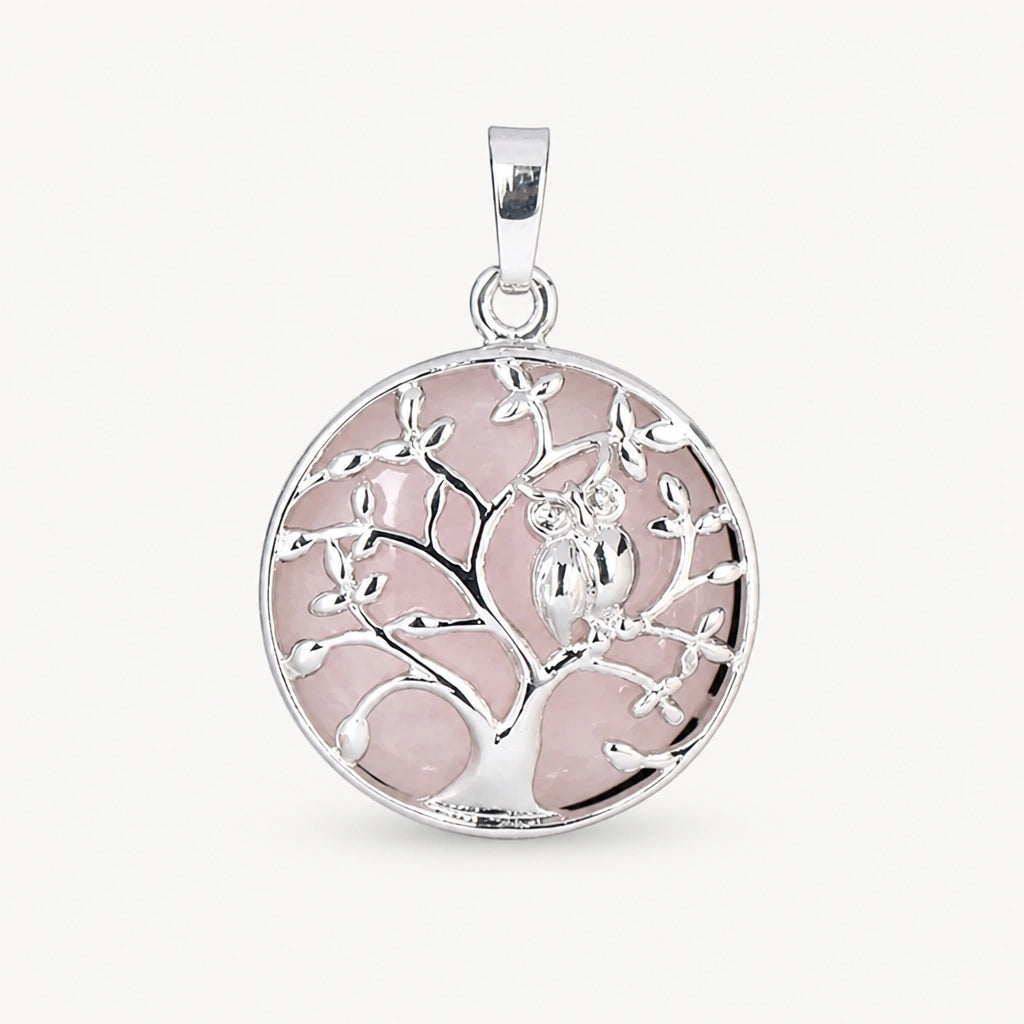 Rosenquarz Kette mit Lebensbaum und Eulenmotiv