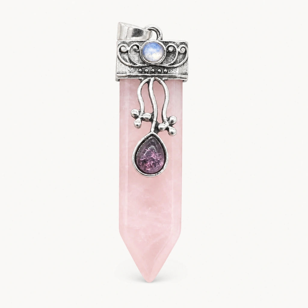 Rosenquarz Kette mit violettem Tropfenanhänger und Zierstein