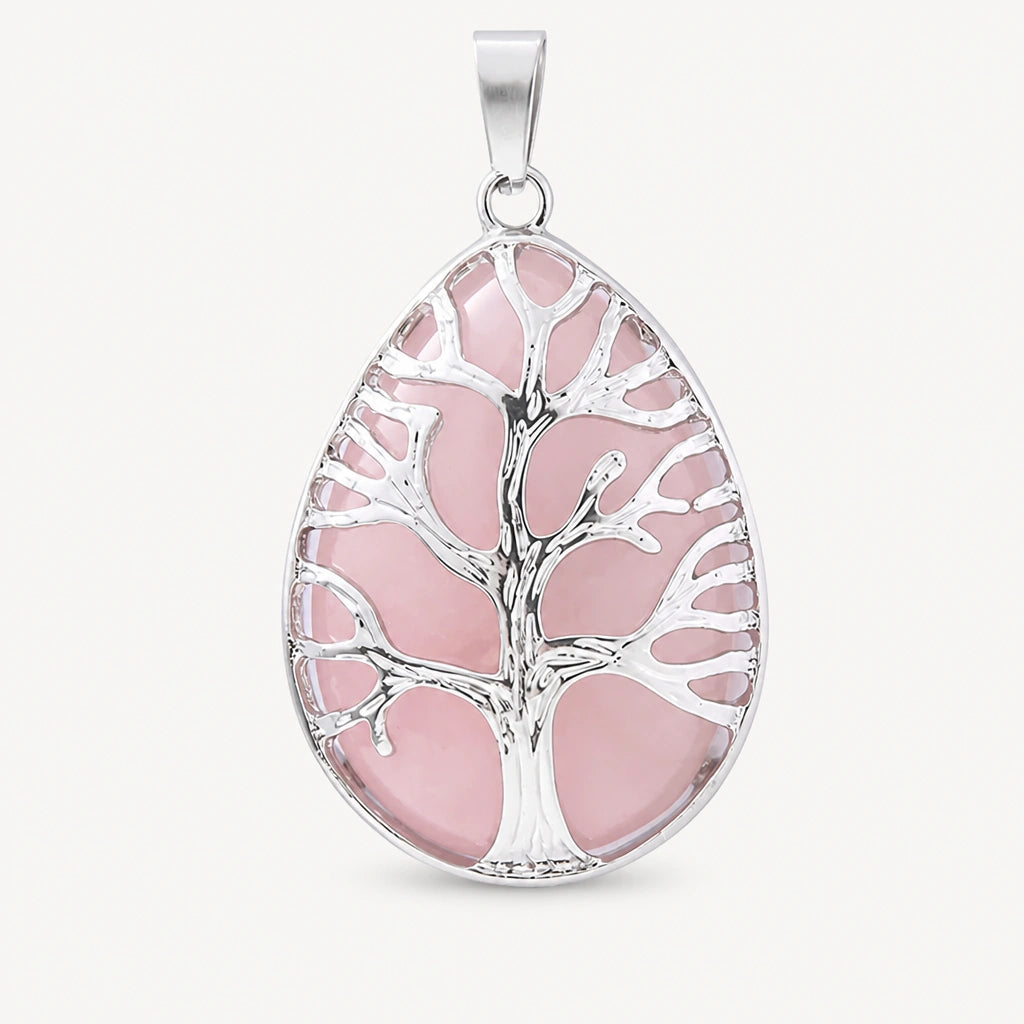Rosenquarz Kette mit Lebensbaum-Anhänger in Tropfenform