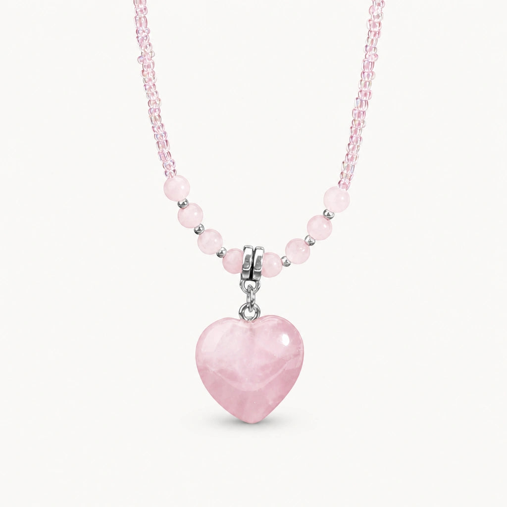 Rosenquarz Perlenkette mit Herzanhänger