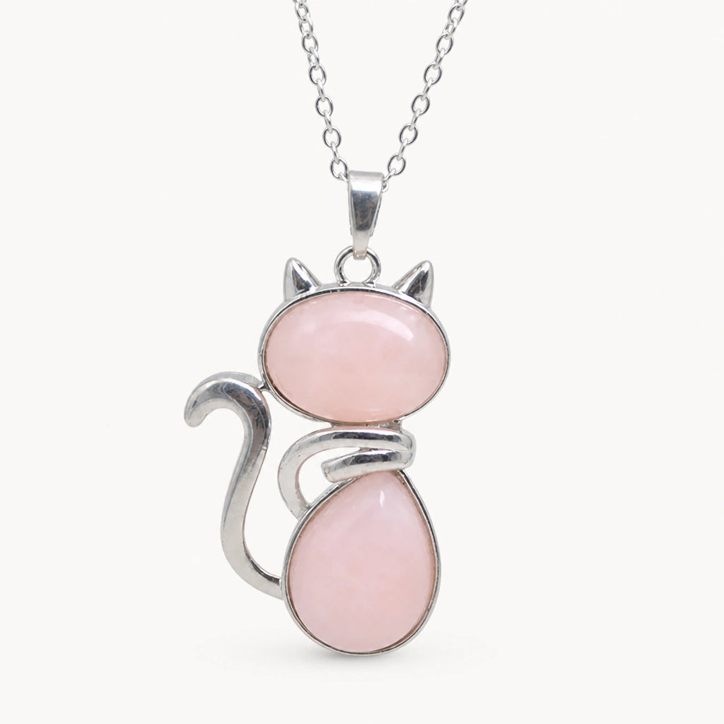 Rosenquarz Kette mit Katzen-Anhänger