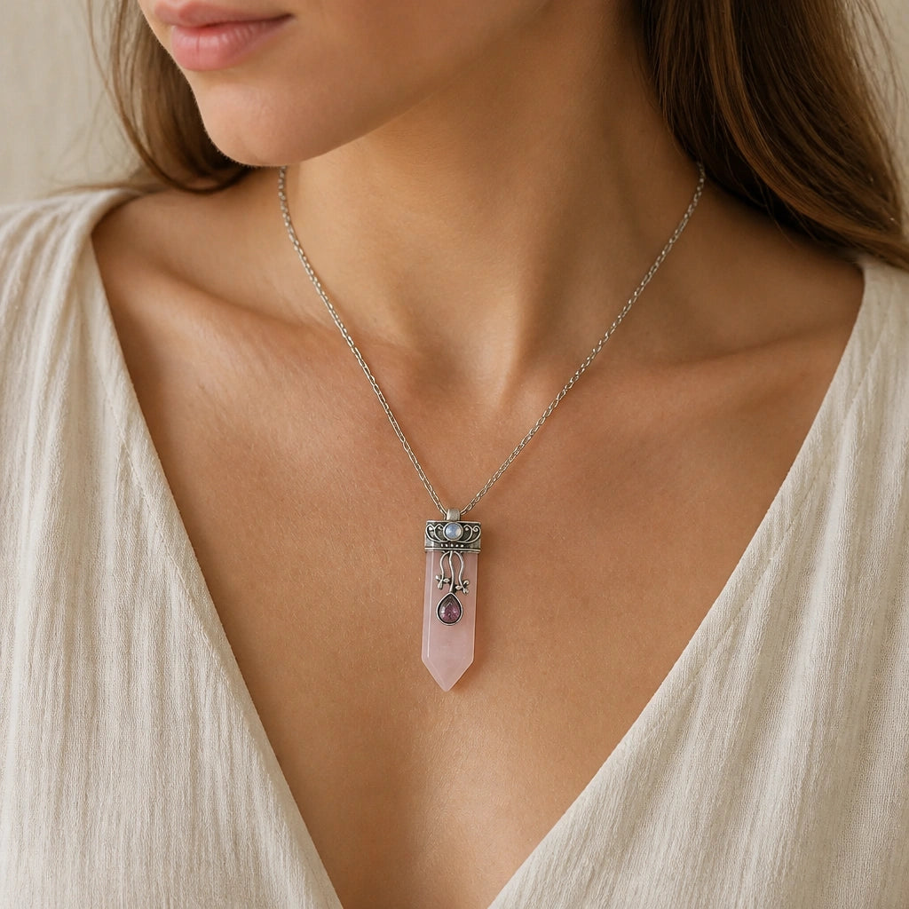 Rosenquarz Kette mit violettem Tropfenanhänger und Zierstein