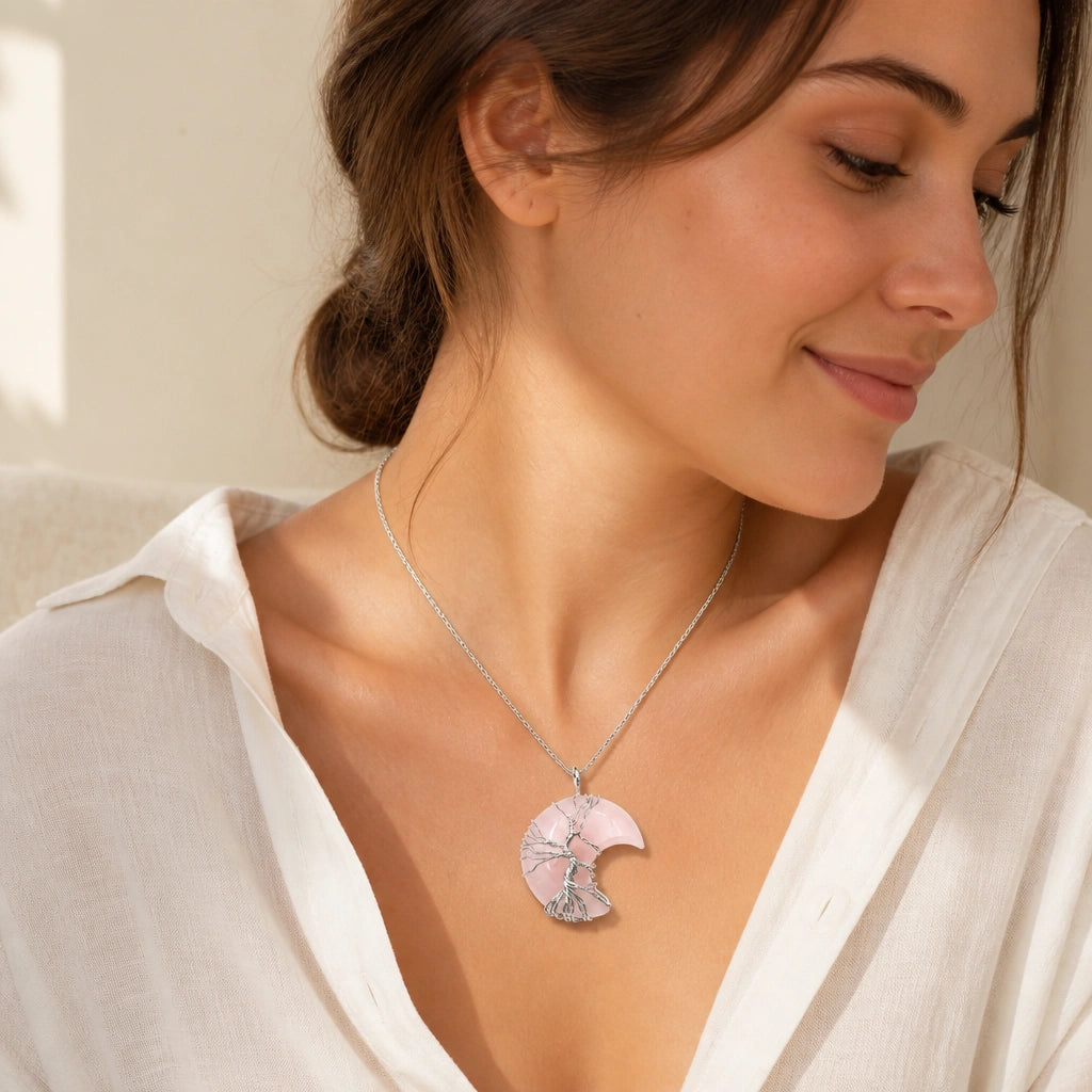 Rosenquarz Kette mit Halbmond und Lebensbaum aus Draht