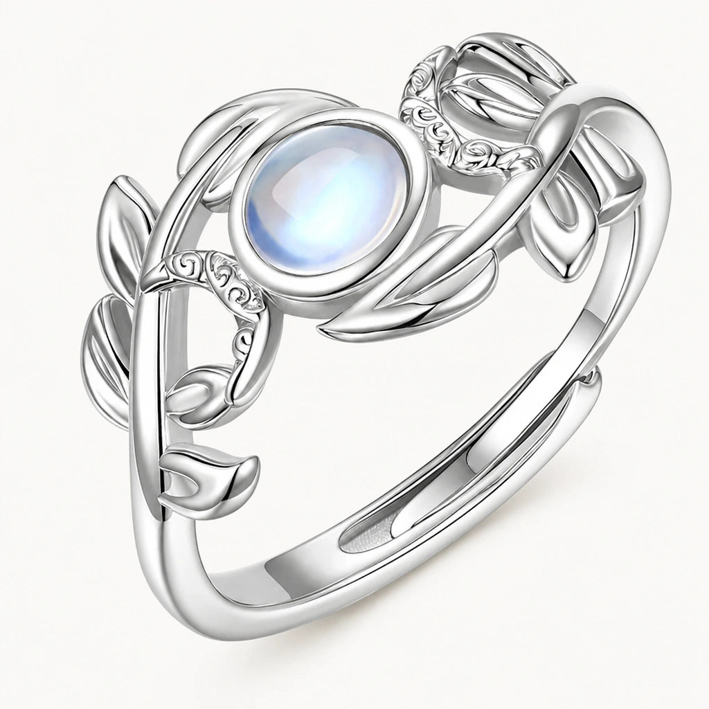 Mondstein Ring aus 925er Silber mit Blätterranken