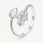 Offener Mondstein Ring aus 925er Silber mit Hamsa-Motiv
