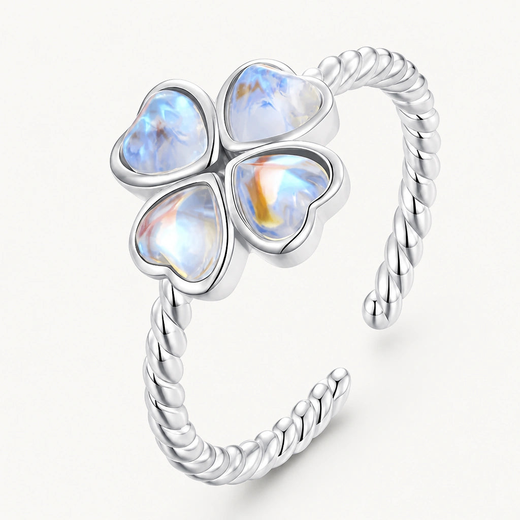 Offener Mondstein Ring aus 925er Silber mit vier Herzsteinen