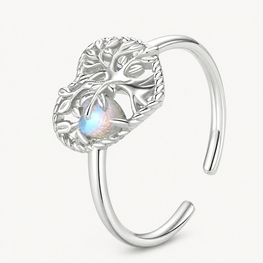 Offener Mondstein Ring aus 925er Silber mit Herz-Lebensbaum-Motiv