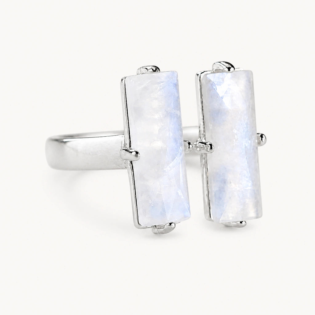 Offener Mondstein Ring aus 925er Silber mit zwei rechteckigen Steinen