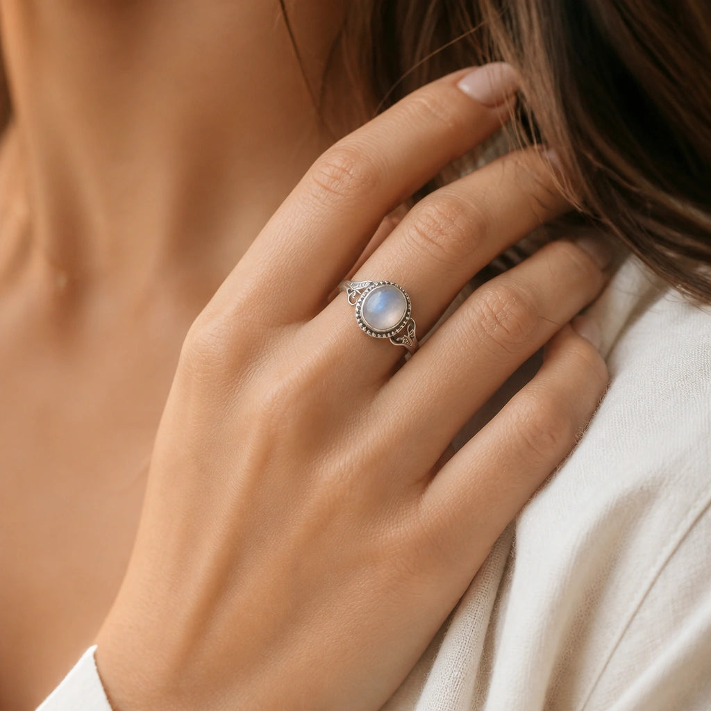 Mondstein Ring aus 925er Silber mit ovalem Cabochon und Voluten