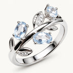 Silberner Aquamarin Ring aus 925er Silber mit drei ovalen Steinen und Blattmotiven