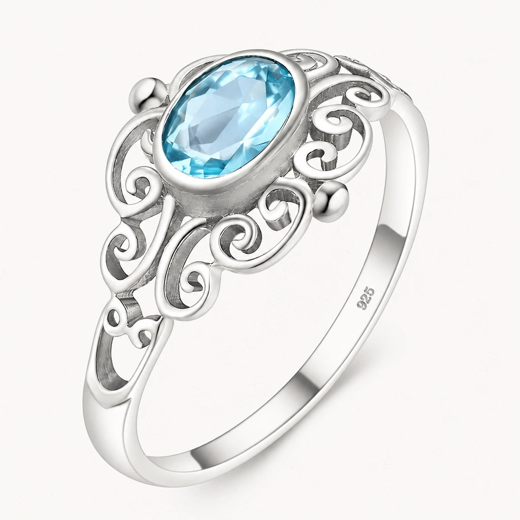 Jugendstil Aquamarin Ring aus 925er Silber mit ovalem Stein und Voluten