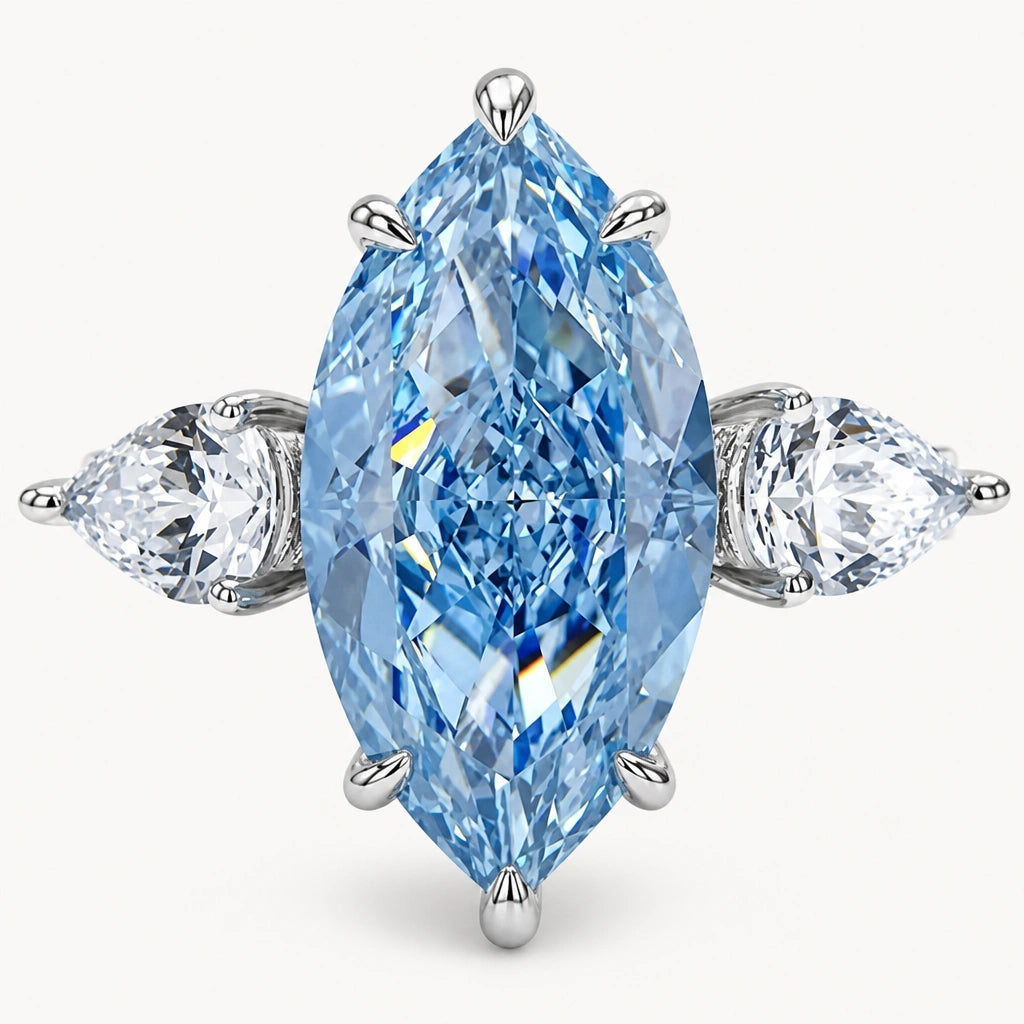 Ring Aquamarin Silber aus 925er Silber mit großem Navette-Stein und Seitensteinen