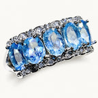 Aquamarin Silber Ring aus 925er Silber mit fünf ovalen Steinen und Kristallbesatz
