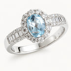 Aquamarin Ring Silber aus 925er Silber mit ovalem Stein und Baguette-Besatz