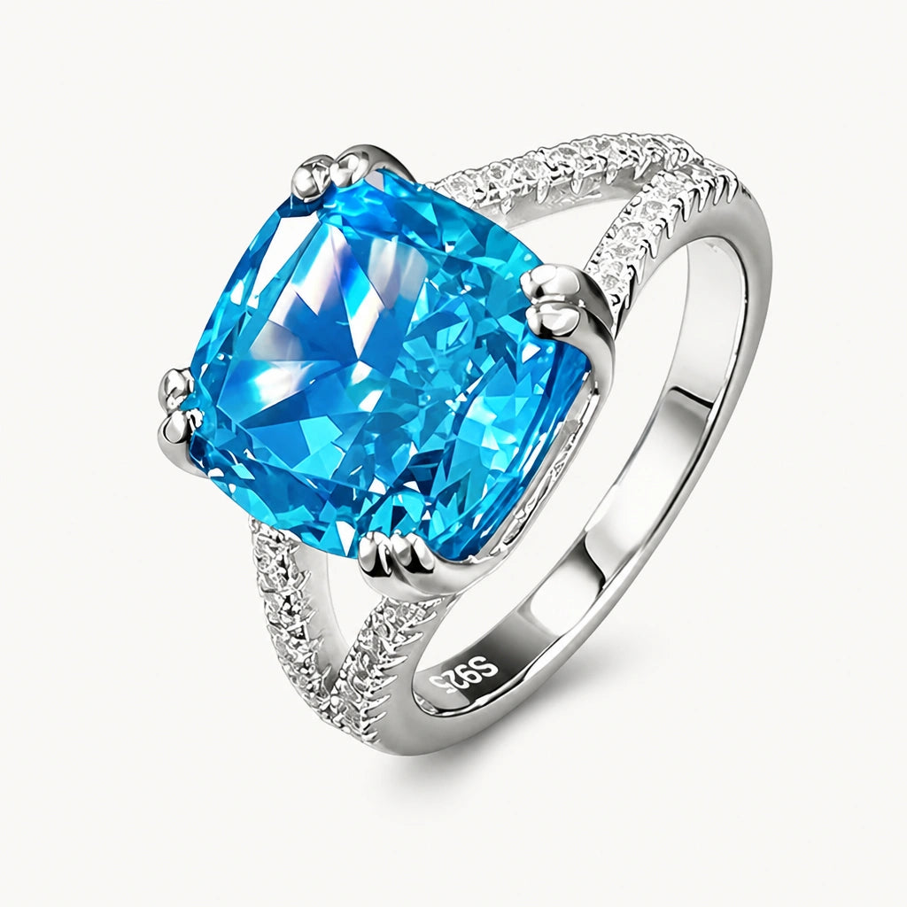 Aquamarin Ring Silber aus 925er Silber mit großem quadratischem Stein und geteilter Ringschiene