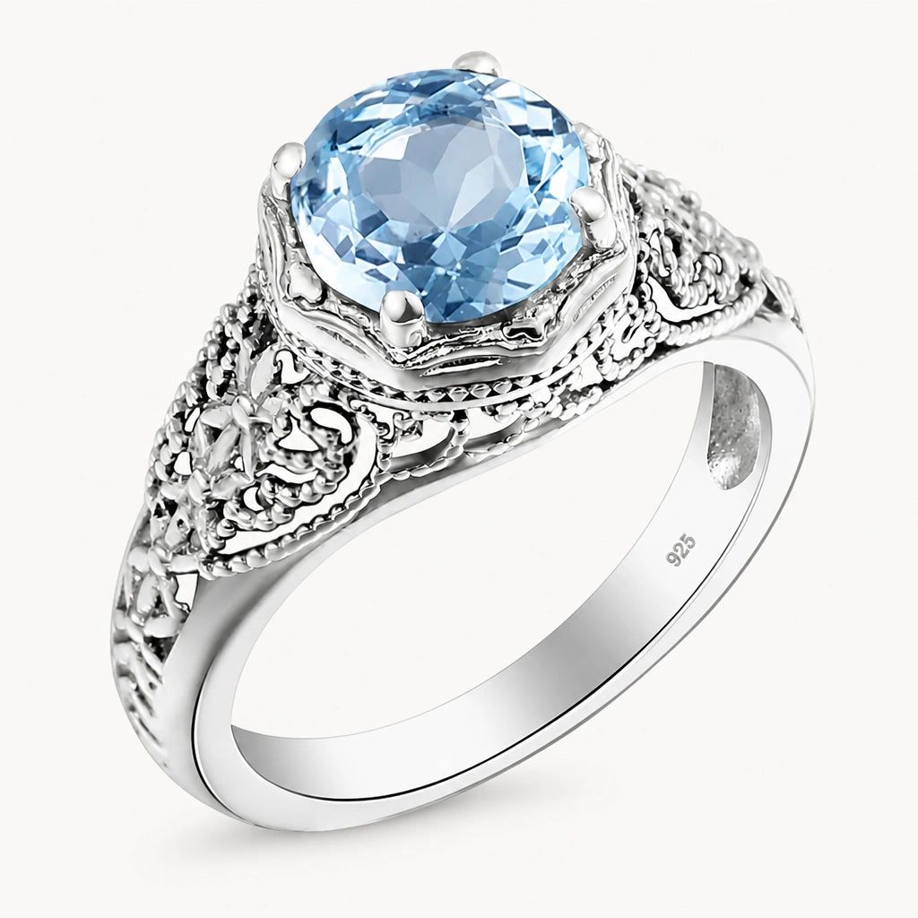 Aquamarin Ring Jugendstil aus 925er Silber mit rundem Stein und floralen Ornamenten