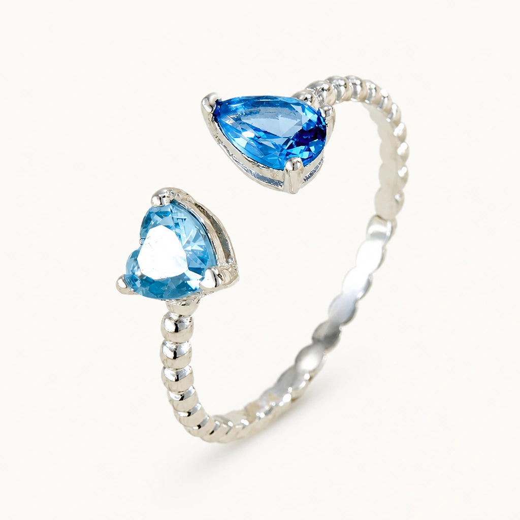 Offener Ring mit Aquamarin aus 925er Silber mit zwei tropfenförmigen Steinen