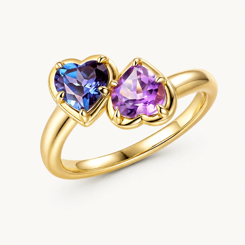 Amethyst Ring aus 14K Gelbgold mit zwei herzförmigen Steinen