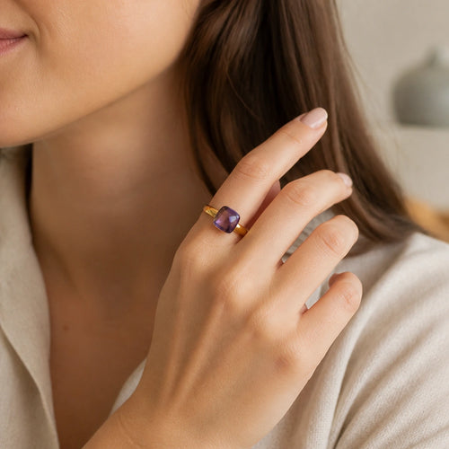 10K vergoldeter Amethyst Ring aus 925er Silber mit quadratischem Stein