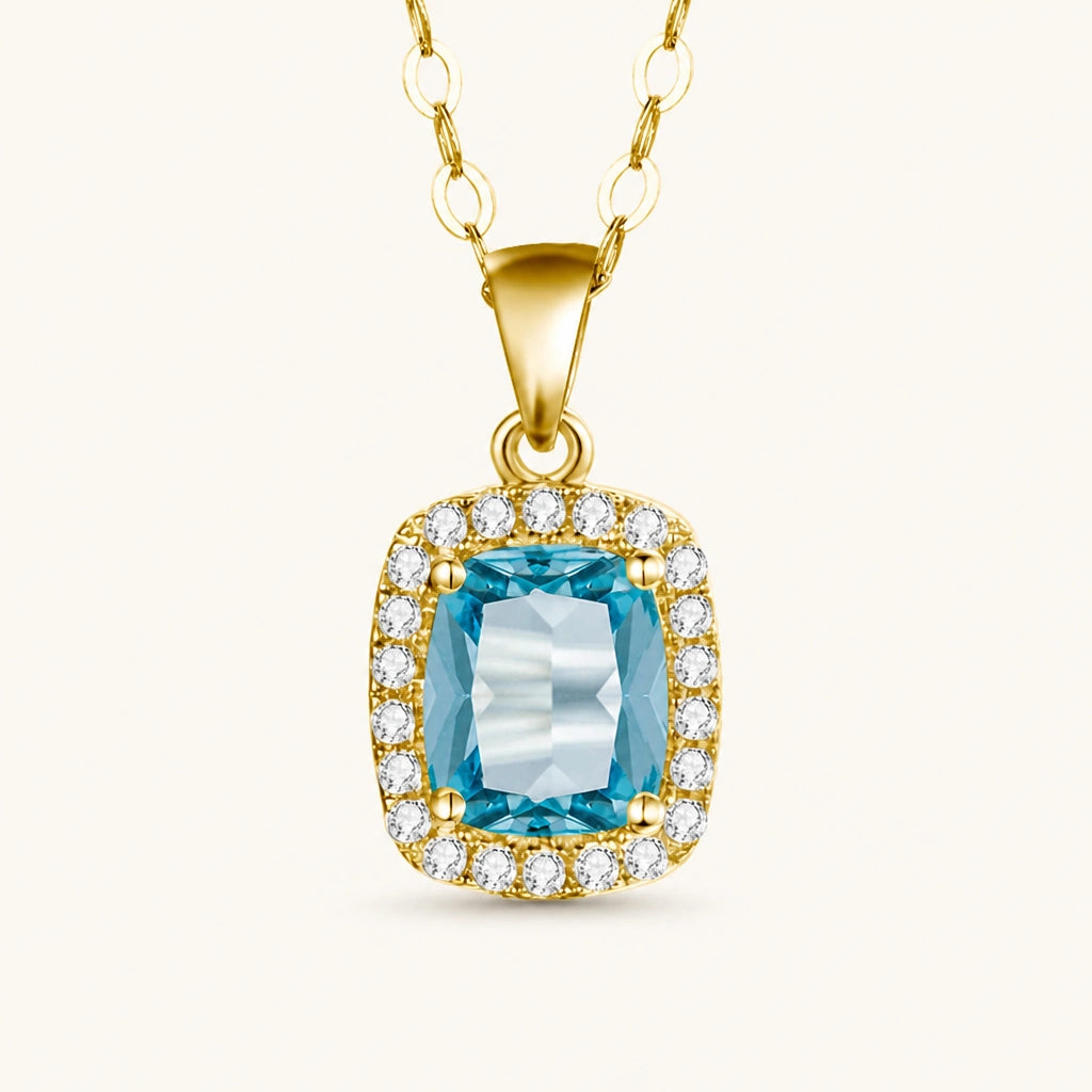 Aquamarin Halskette aus 14K Gold mit rechteckigem Stein und Ziersteinen