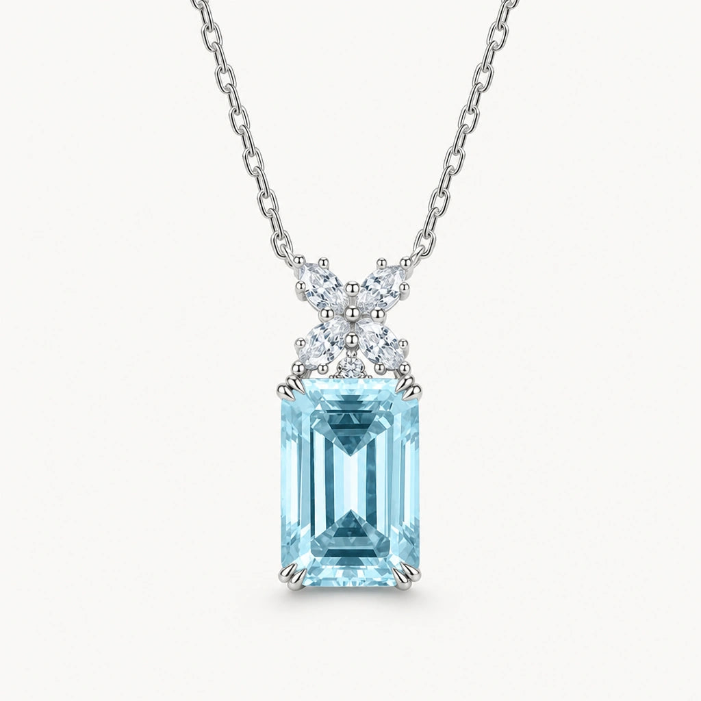 Aquamarin Halskette aus 925er Silber mit rechteckigem Aquamarin und Halo-Ziersteinen