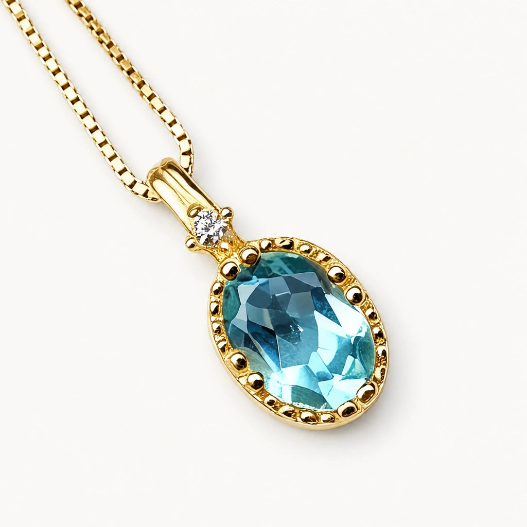 Aquamarin Kette aus 925er Silber goldfarben mit ovalem Anhänger