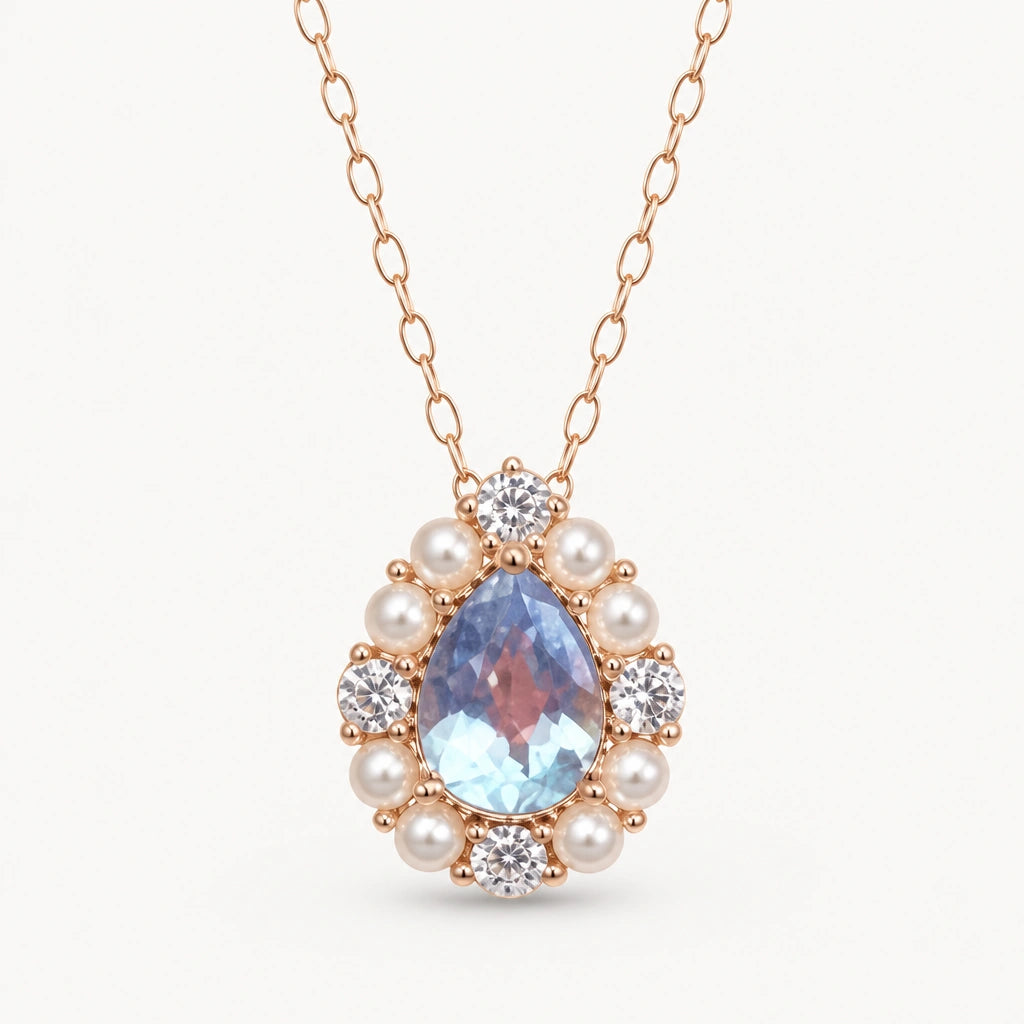 Aquamarin Kette aus 925er Silber 18K rosévergoldet mit Tropfenanhänger und Perlenoptik