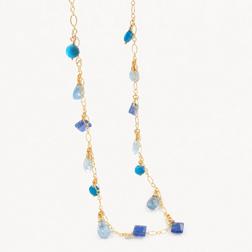 Aquamarin Halskette aus 14K Gold mit Kyanit und Apatit Anhängern