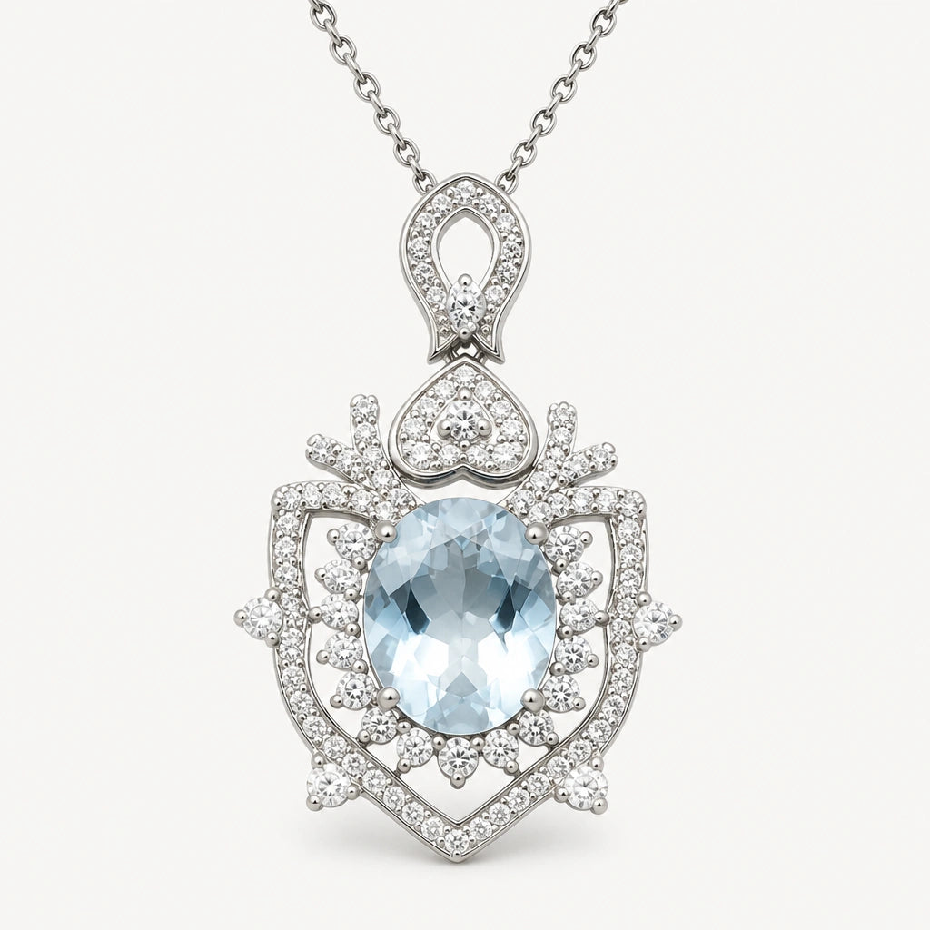 Aquamarin Kette aus 925er Silber mit ovalem Stein und ornamentalem Anhänger
