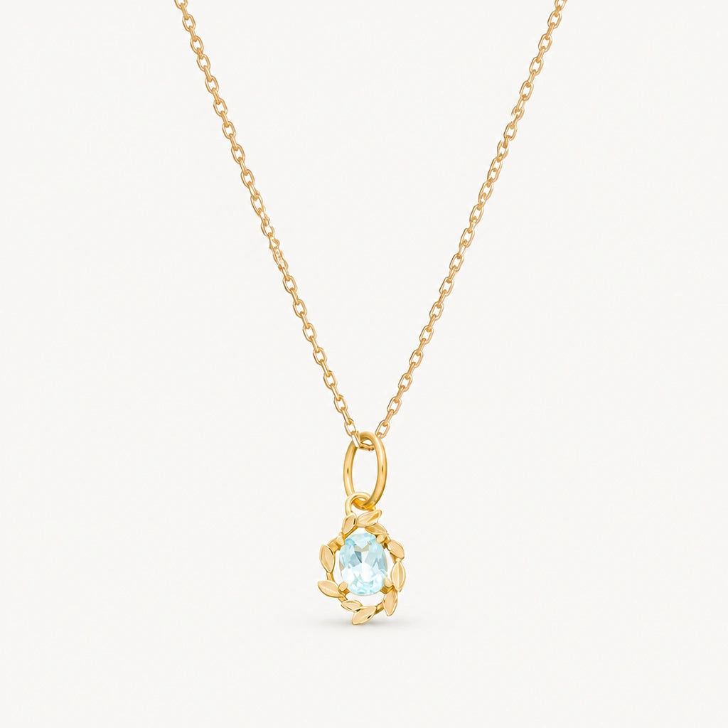 Aquamarin Kette aus 925er Silber mit ovalem Anhänger und Blättermotiv