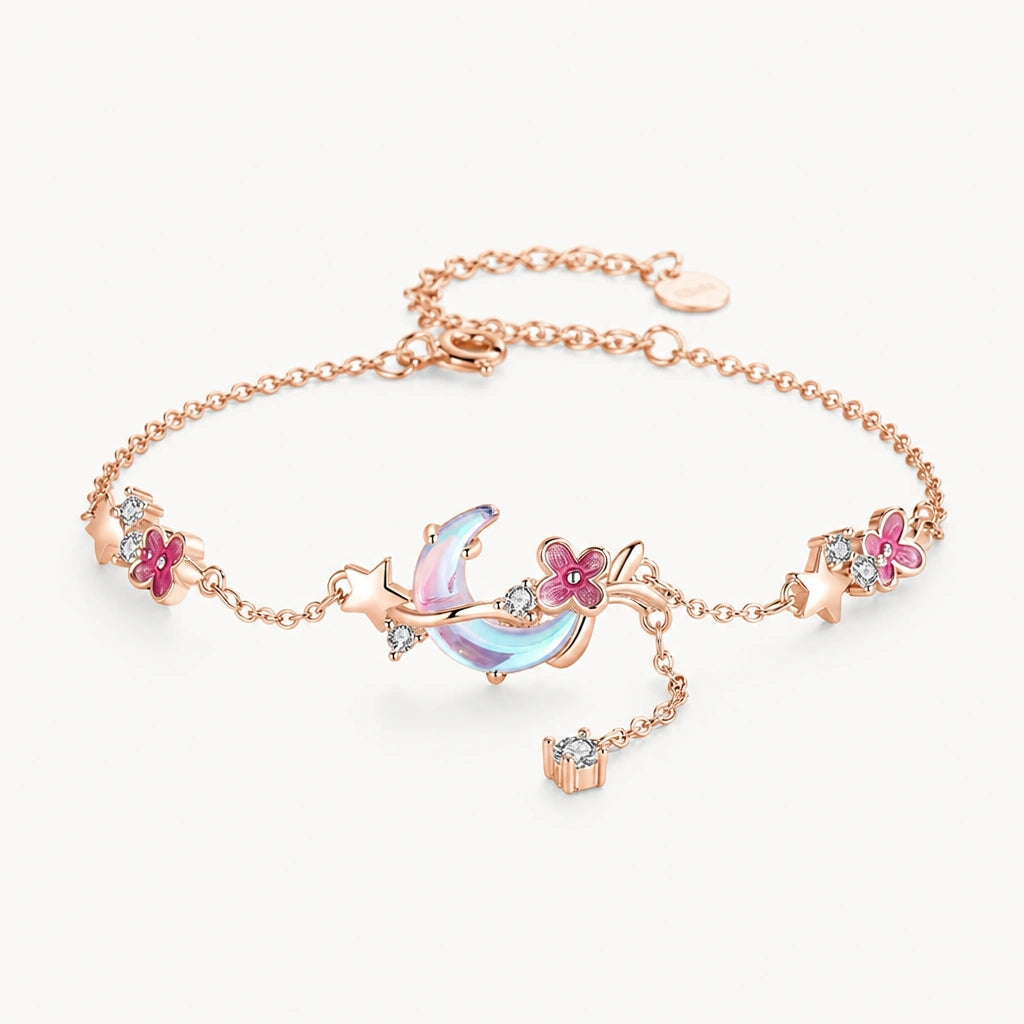 Mondstein Armband aus 925er Silber in Roségold mit Blumen und Sternen