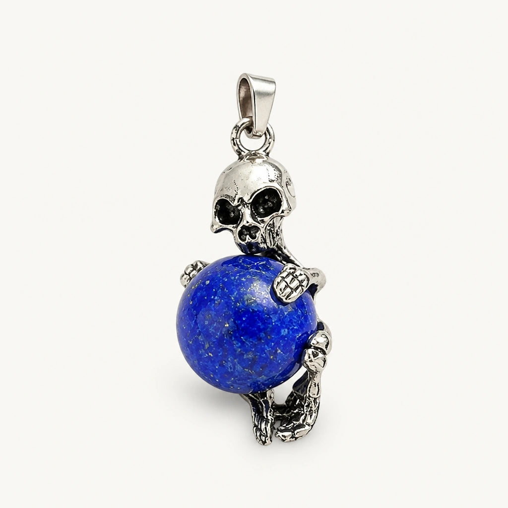 Lapislazuli Anhänger Silber mit Totenkopf und runder Steinperle