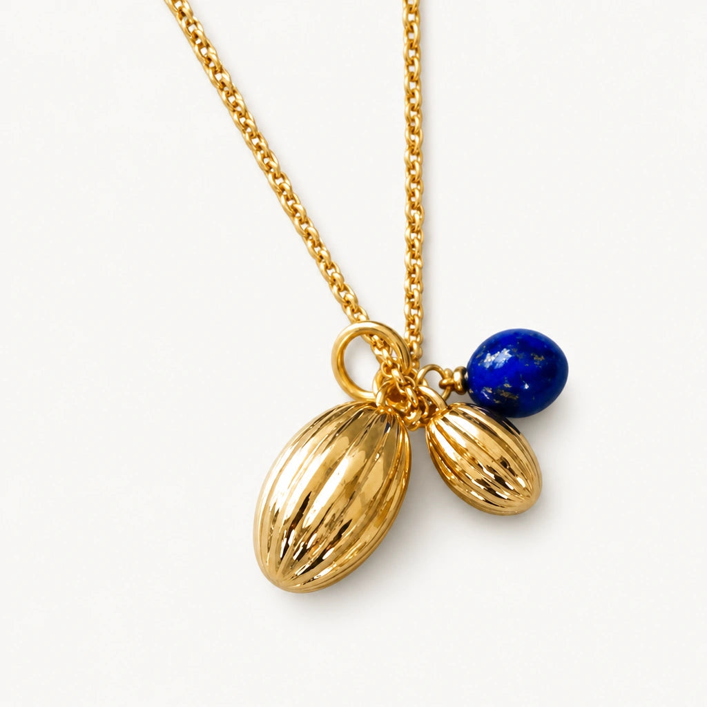 Lapislazuli Kette Gold mit ovalem Stein und zwei Blattanhängern