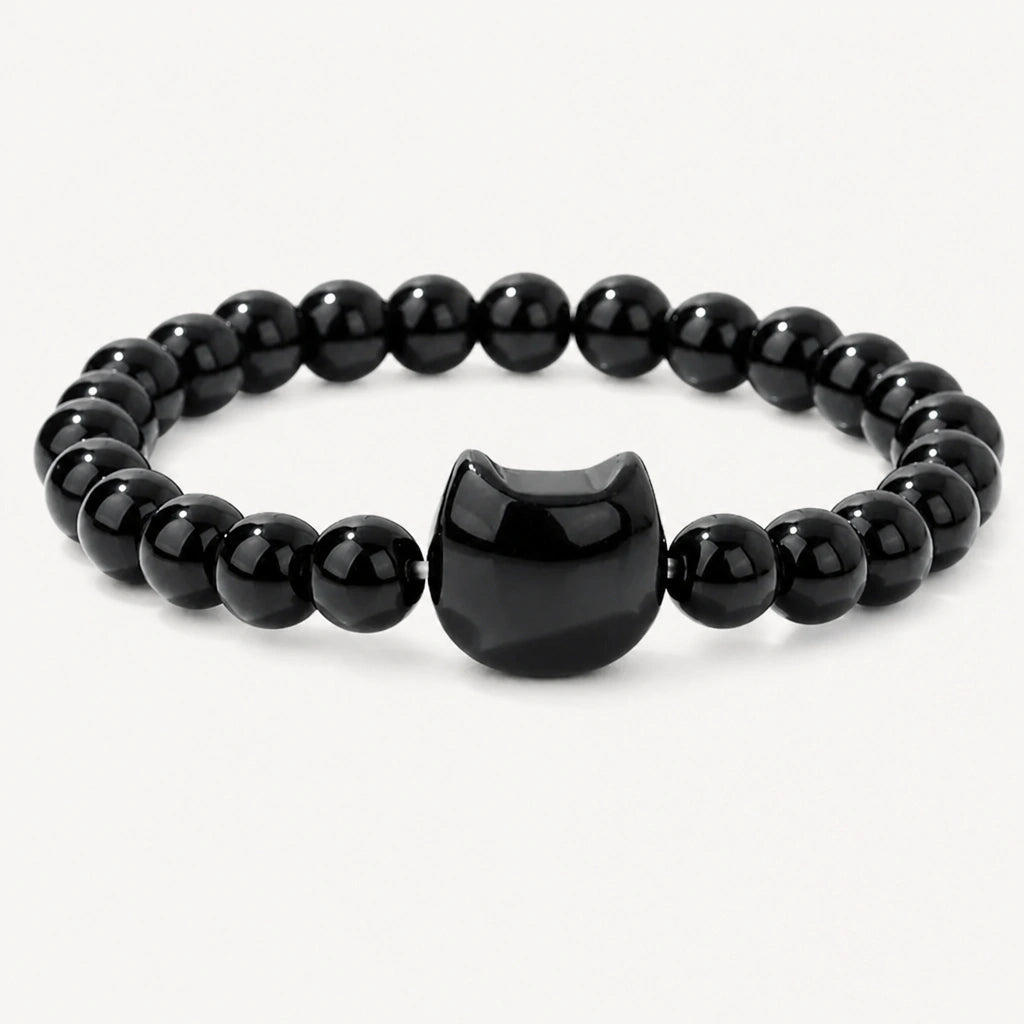 Onyx Perlen Armband mit Katzenmotiv