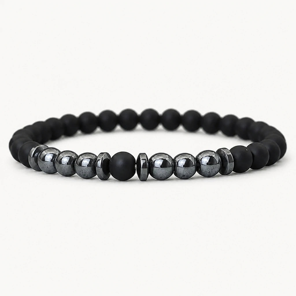 Onyx Armband mit Hämatit und silberfarbenen Akzenten