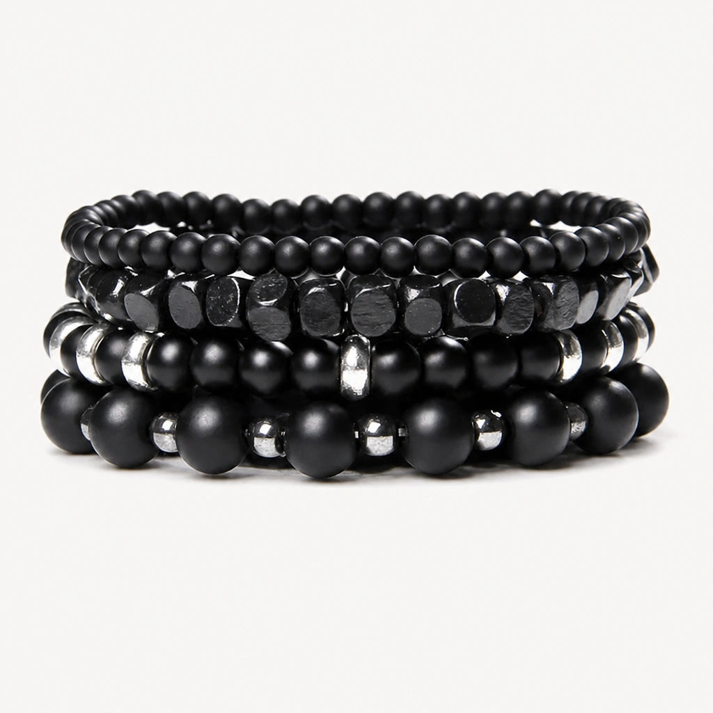 Schwarzes Onyx Armbänder Set mit Hämatit