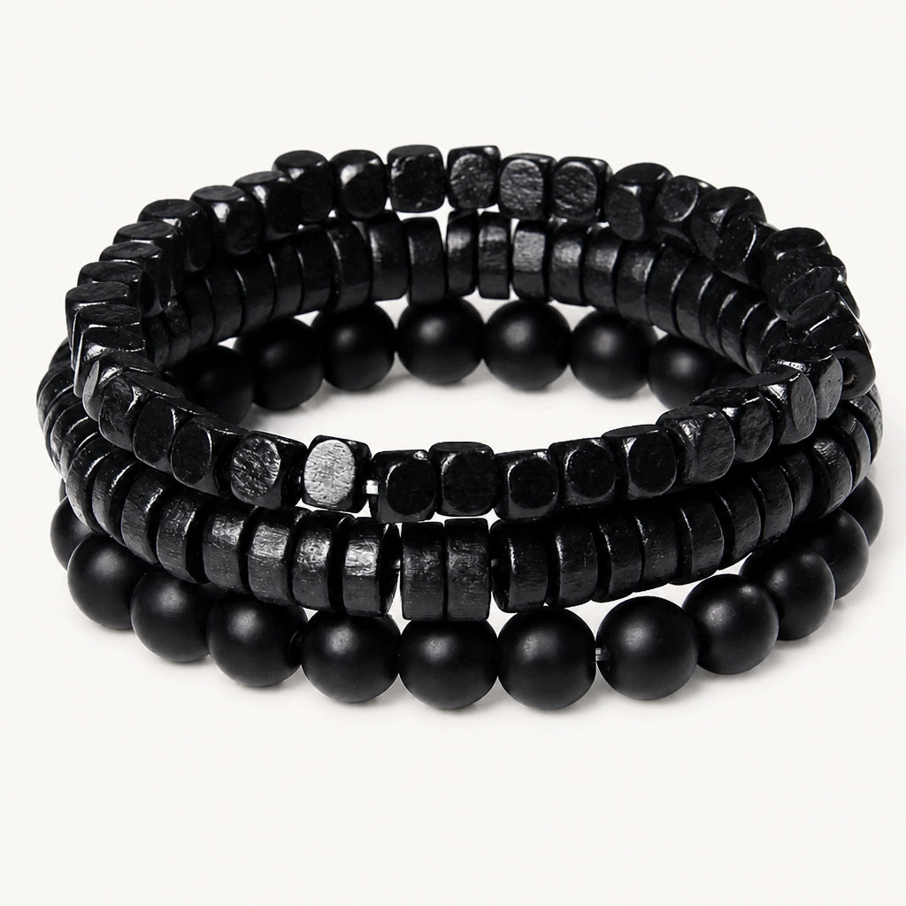 Schwarzes Onyx Armbänder Set mit geometrischen Perlen