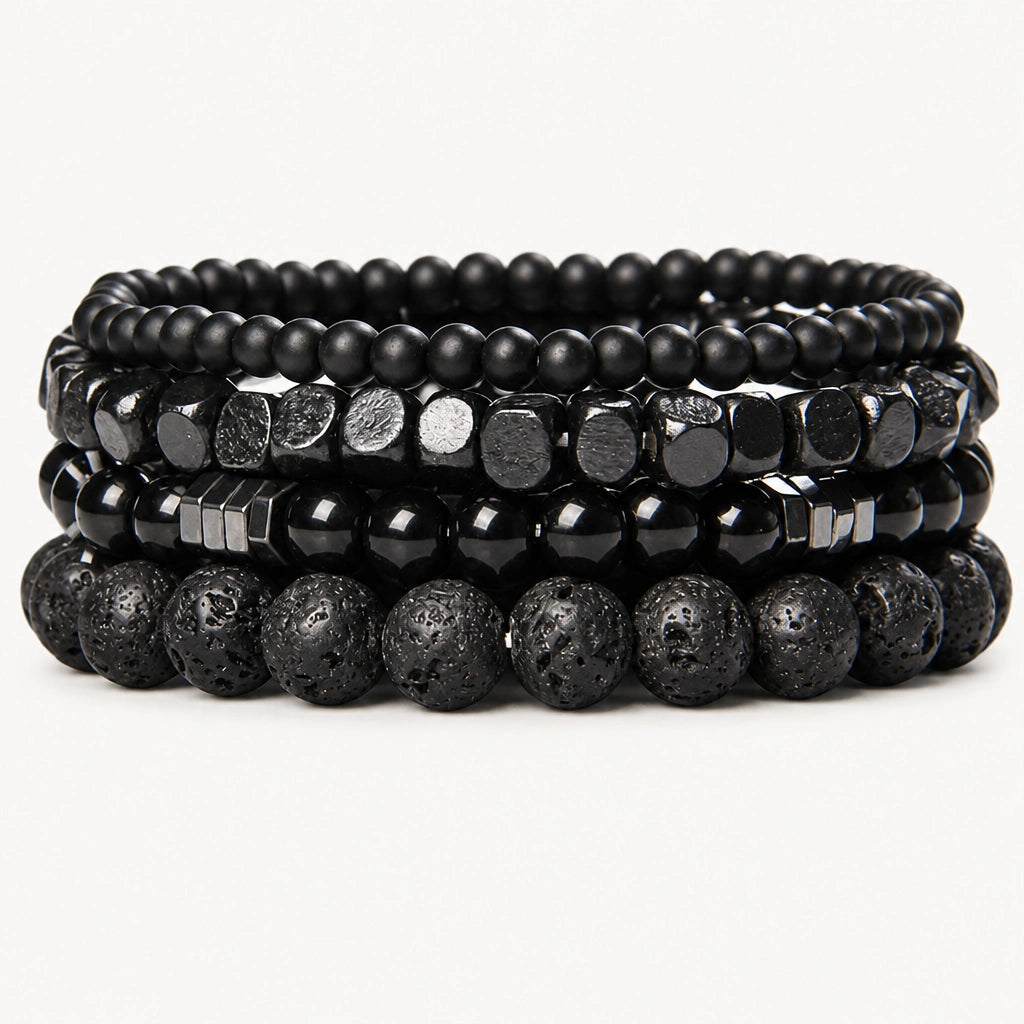 Onyx Armbänder Set mit Lavastein und Metallakzenten