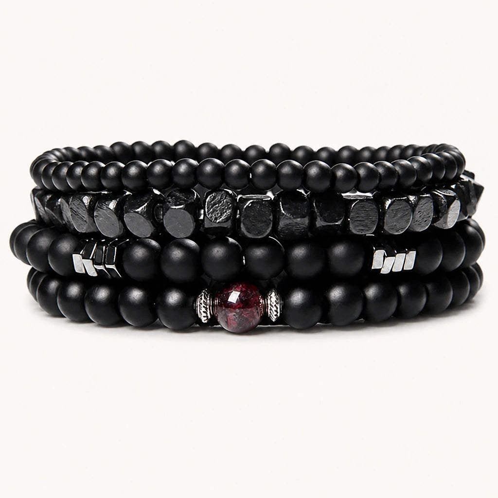 Onyx Armbänder Set mit roten Zierperlen