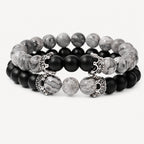 Onyx Armbänder Set mit grauem Map Stone und silberfarbenen Zierelementen