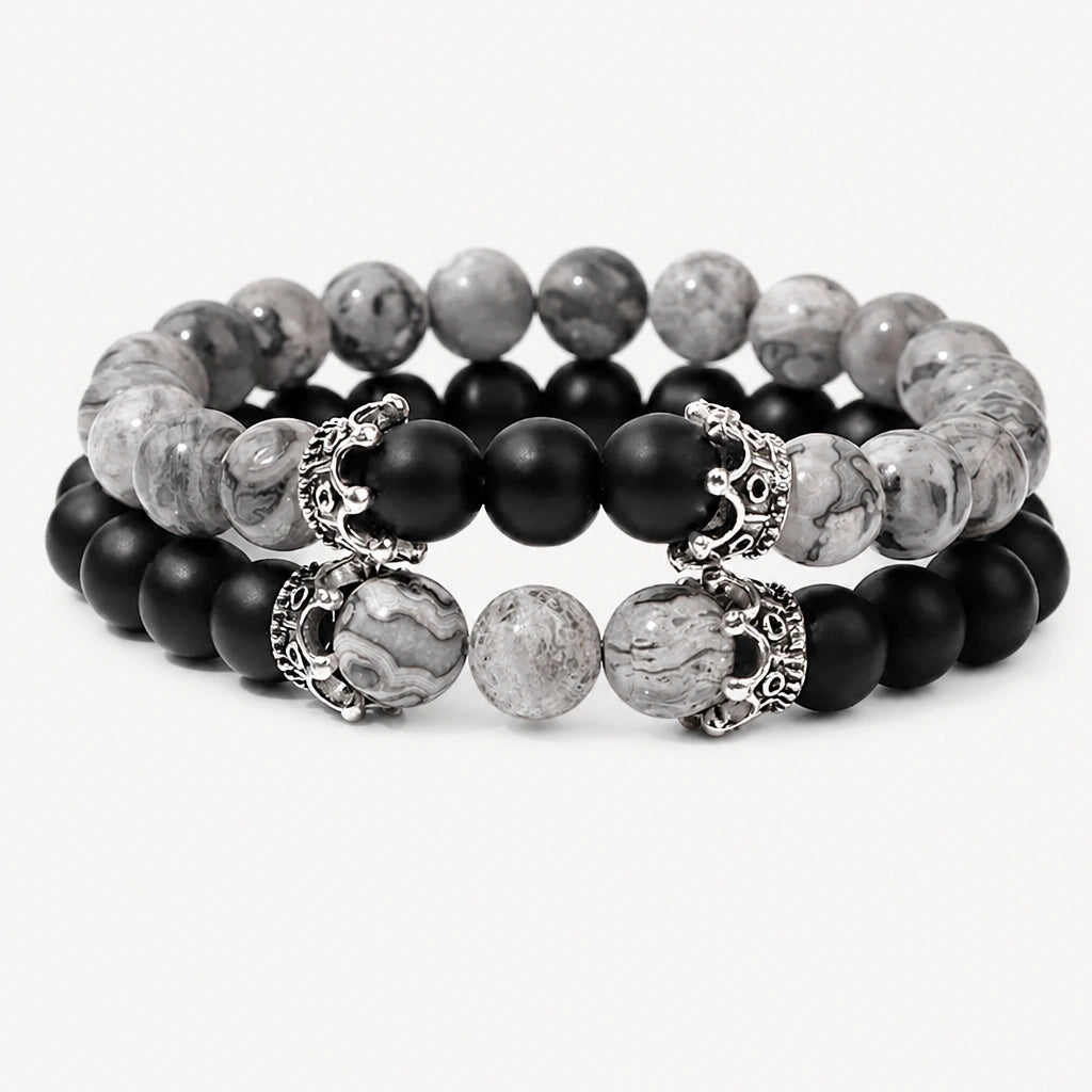 Onyx Armbänder Set mit grauem Map Stone und silberfarbenen Zierelementen