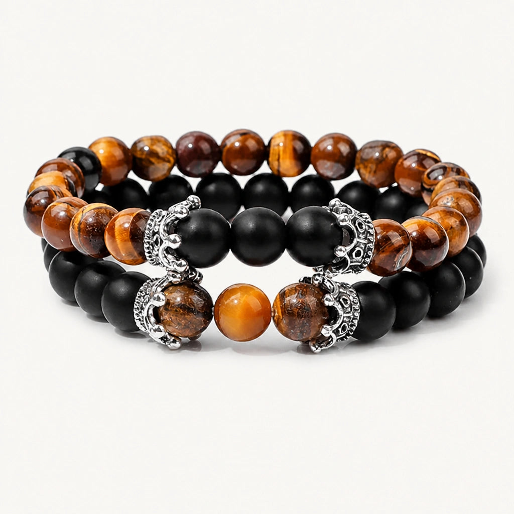 Tigerauge und Onyx Armbänder Set mit verzierten Metallperlen