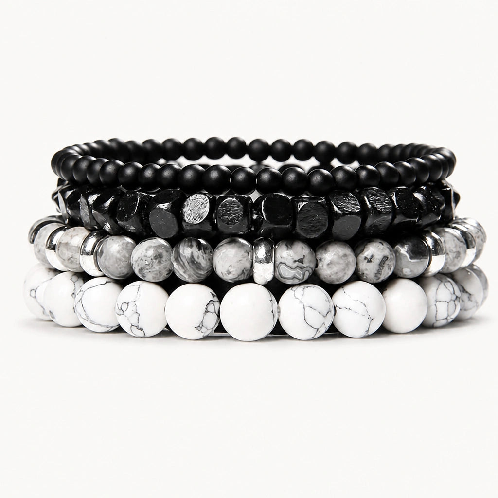 Schwarzes Onyx Armbänder Set mit Map Stone und Howlith