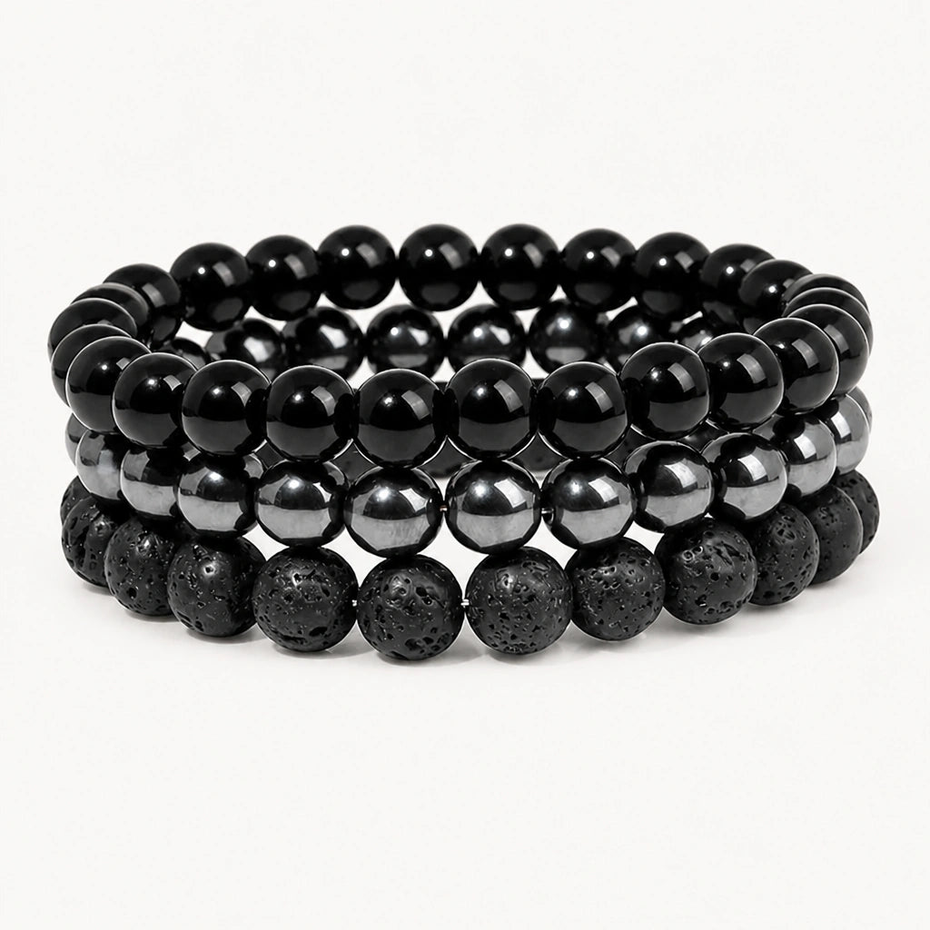 Onyx Armbänder Set mit Hämatit und schwarzen Lavasteinperlen